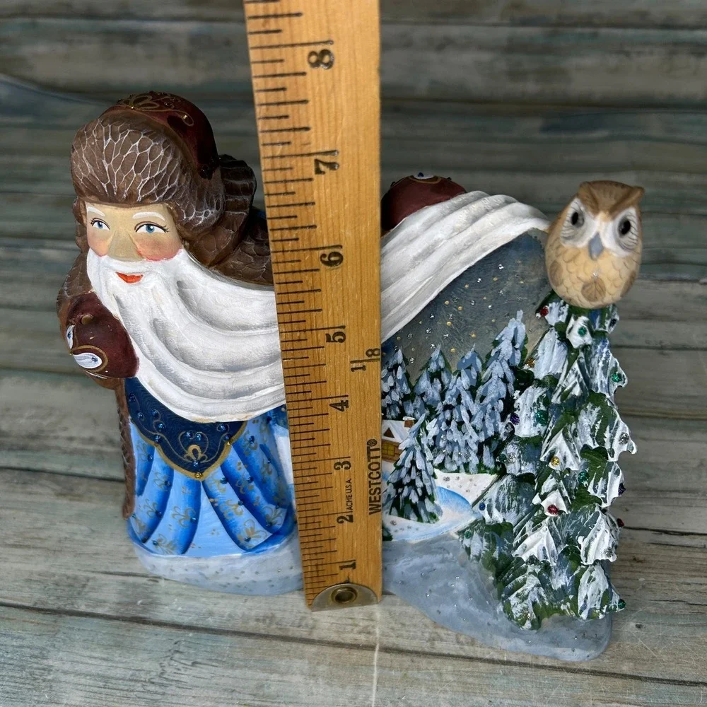 Russian Santa Father Frost Wood Hand Carved Painted‎ Signed Owl Tree Moroz